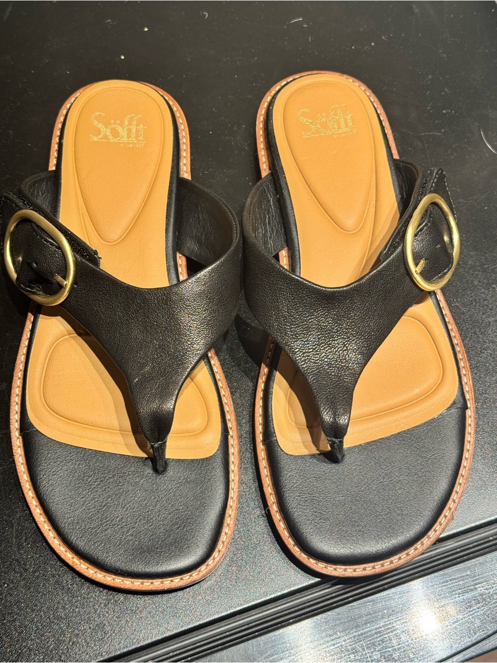 Sofft Black Leather Thong Sandals with Gold Buckle
